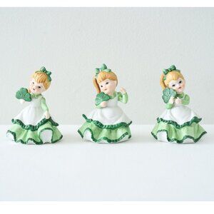 3 Pc Vintage LEFTON Porcelain Lucky Clover Girl Figurine Set Irish Shamrock RARE